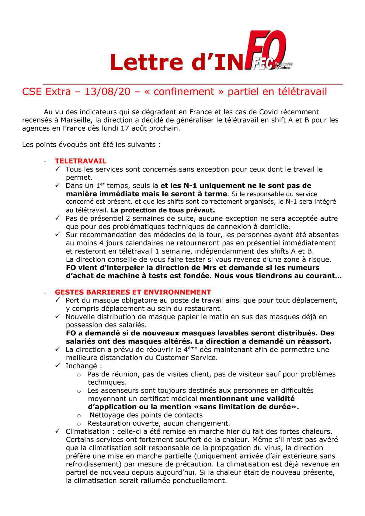 CSE extra CMA CGM LHV – 13/08/20 – « confinement » partiel en télétravail