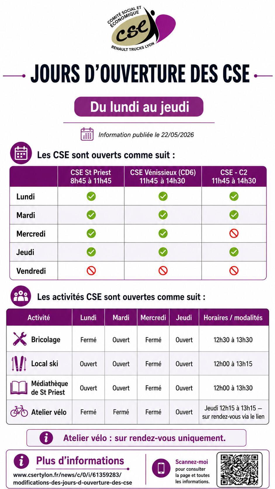Jours d'ouverture des CSE - Du Lundi au Jeudi