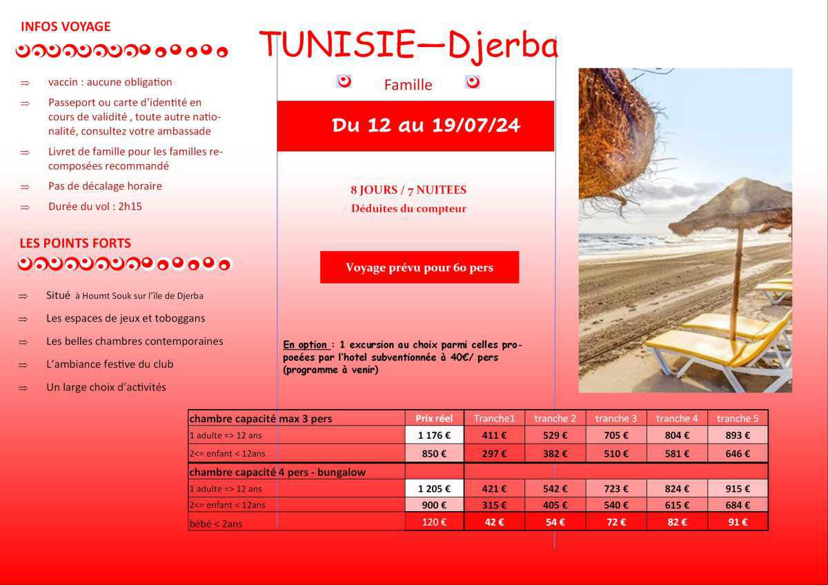 Voyage famille en TUNISIE à Djerba- du 12 au 19 juillet (7 nuitées) : complet