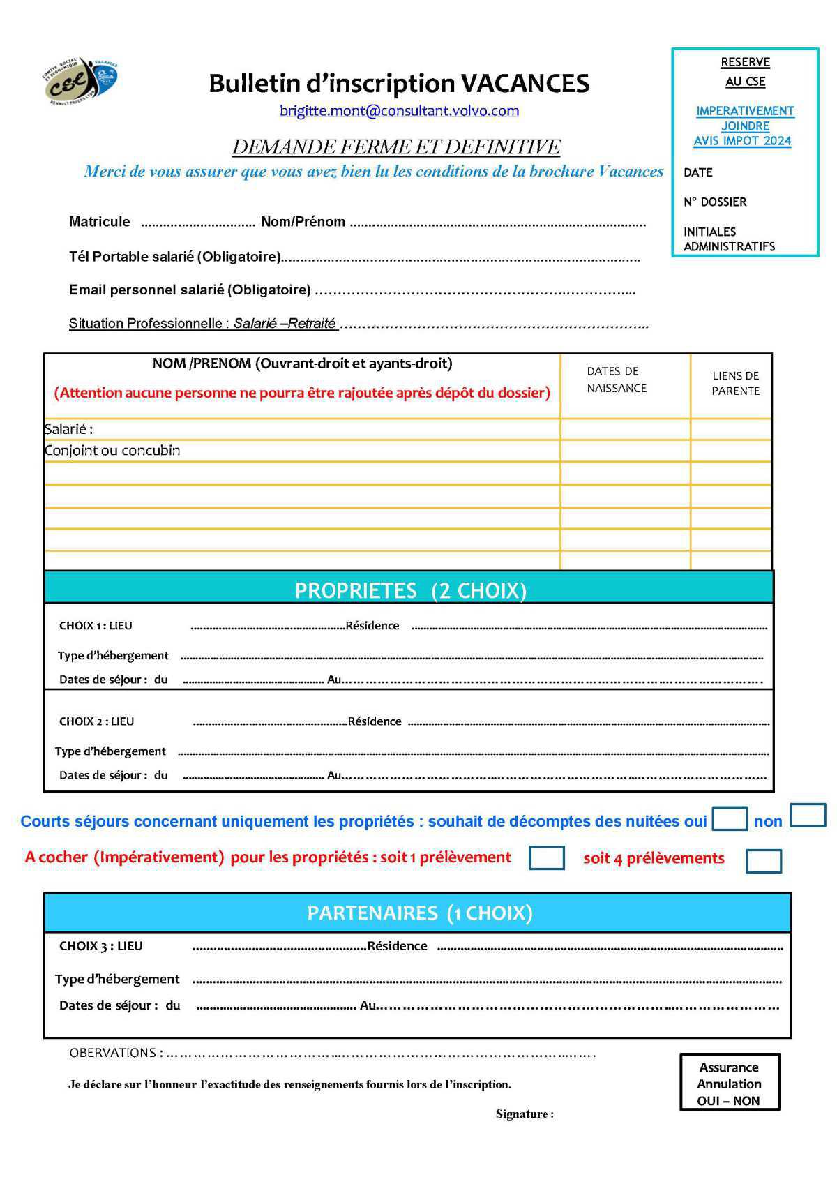 Bulletin d'inscription Vacances 