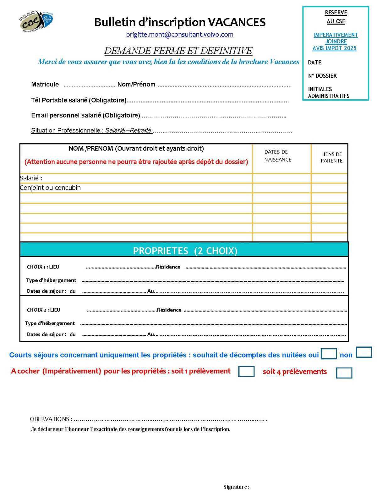 Bulletin d'inscription Vacances 2025/2026