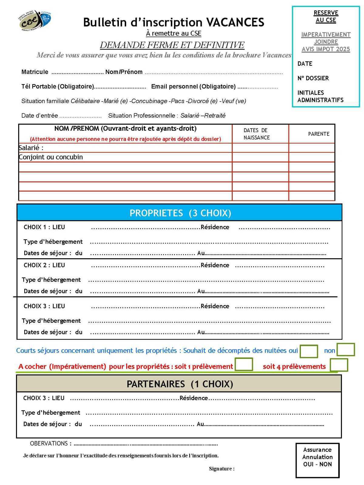 Bulletin d'inscription Vacances 2025/2026 Bulletin d'inscription Vacances 2025/2026