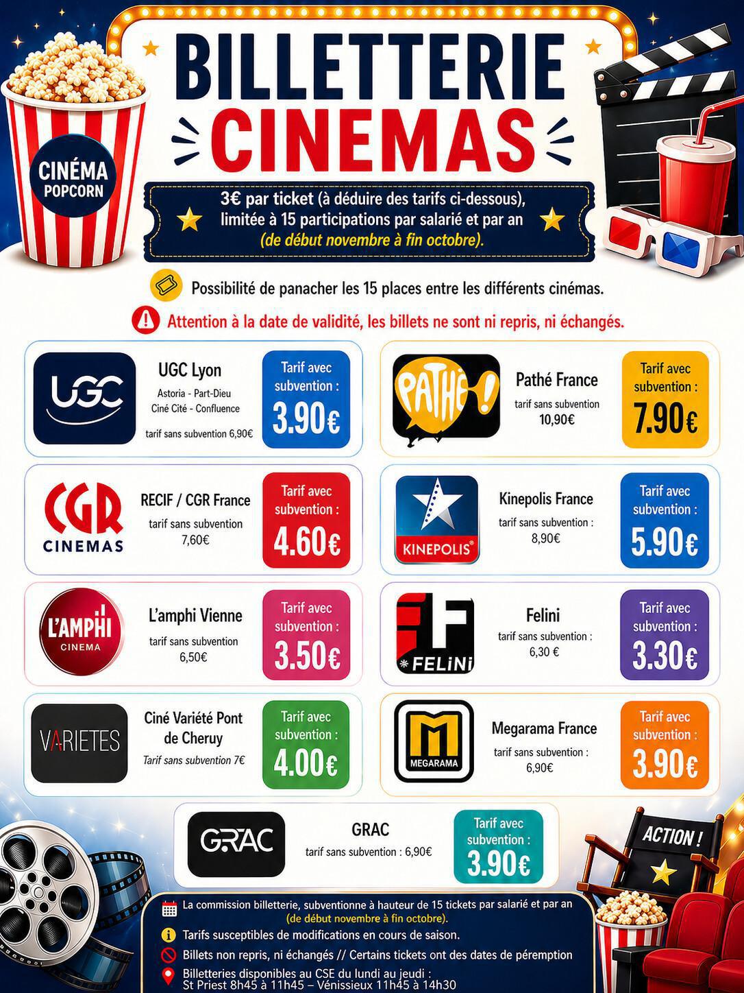 Tickets de cinémas, en vente au CSE!