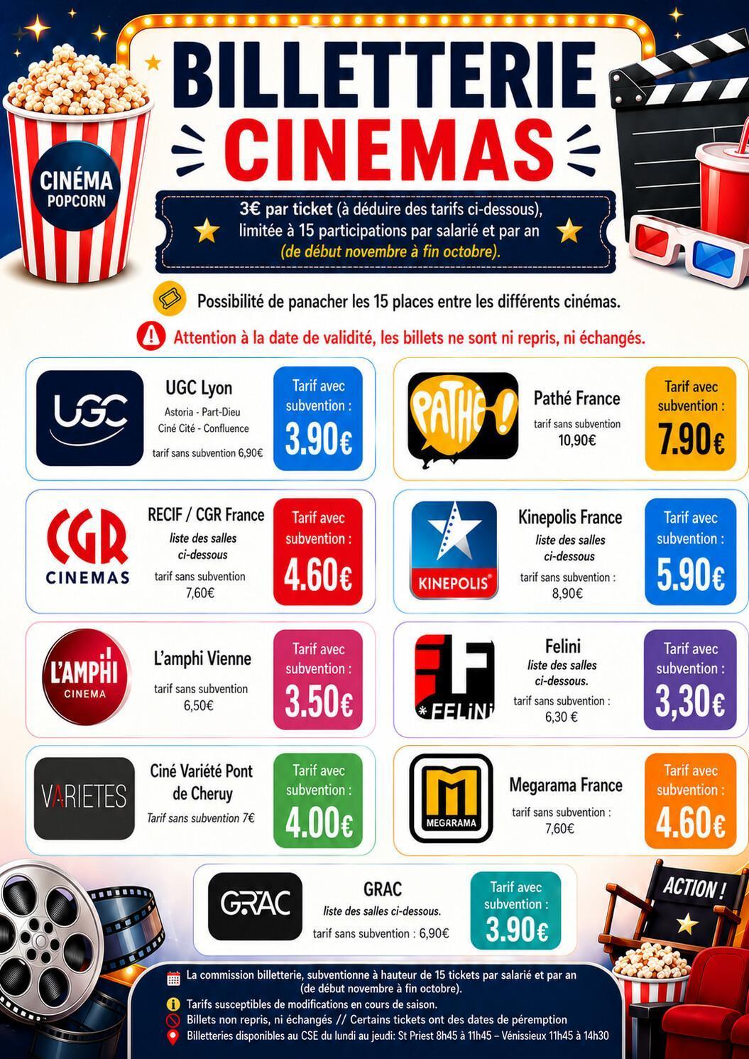 Tickets de cinémas, en vente au CSE!