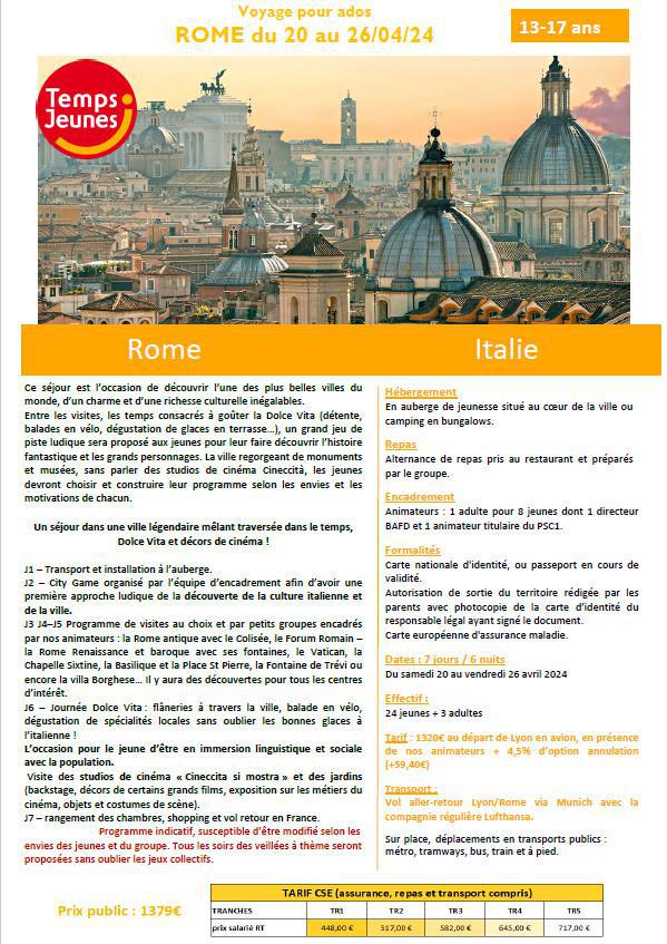Colonie ados à Rome du 20 au 26/04/24- reste 2 places