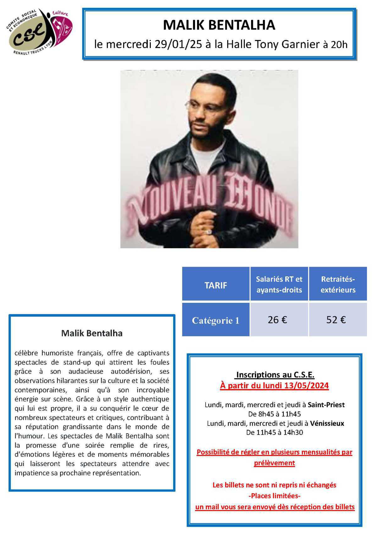 MALIK BENTALHA le mercredi 29/01/25 à la Halle Tony Garnier