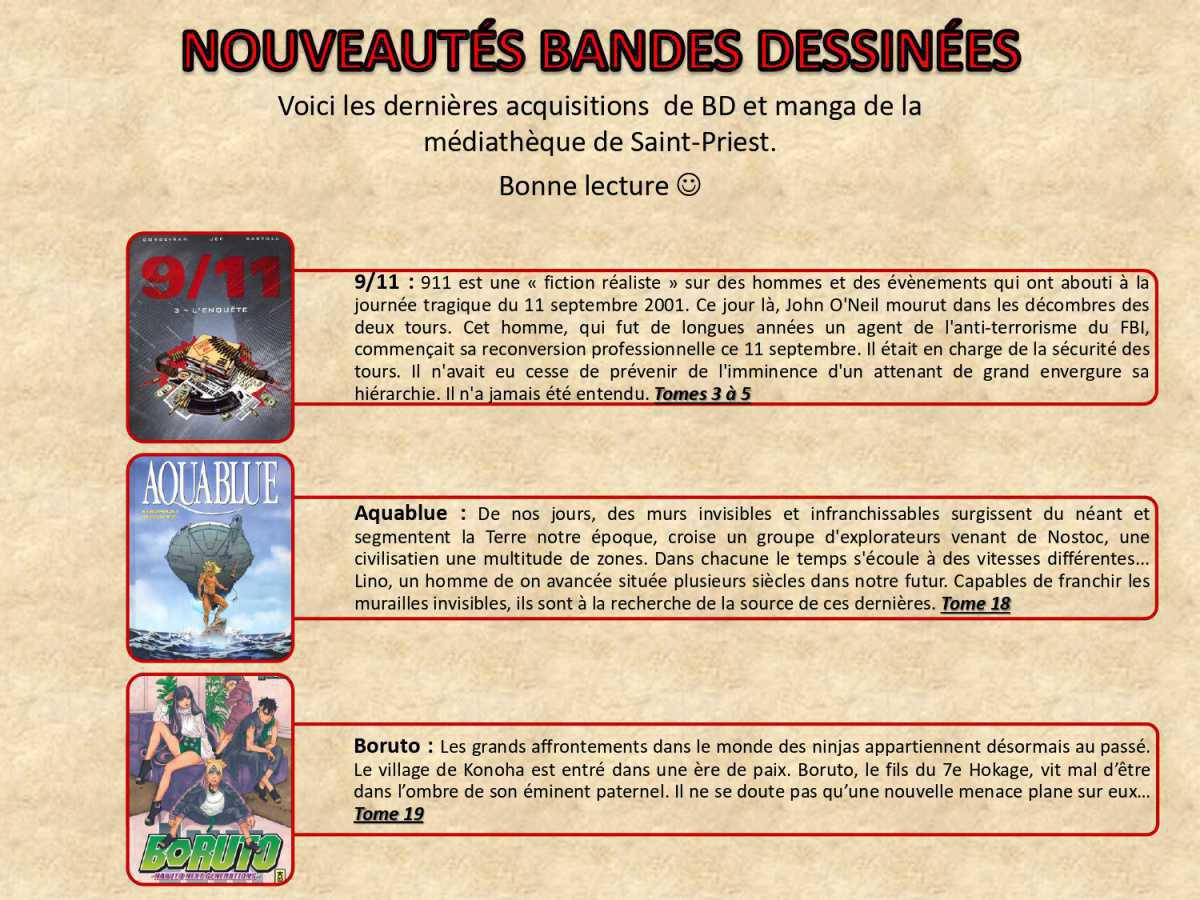 Nouvelles BD à la médiathèque du CSE Saint-Priest Nouvelles BD à la médiathèque du CSE Saint-Priest