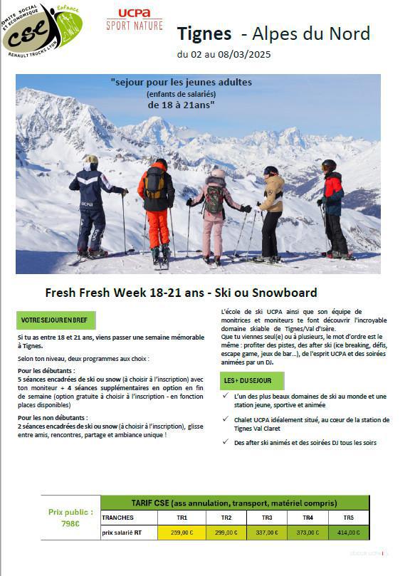 Séjour à Tignes pour les 18/21 ans du 02 au 08/03/2025