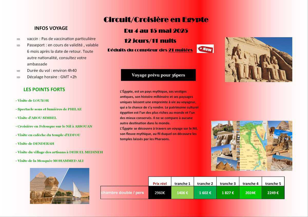 Croisière en Egypte - du 4/05 au 15/05/25 (11 nuitées)