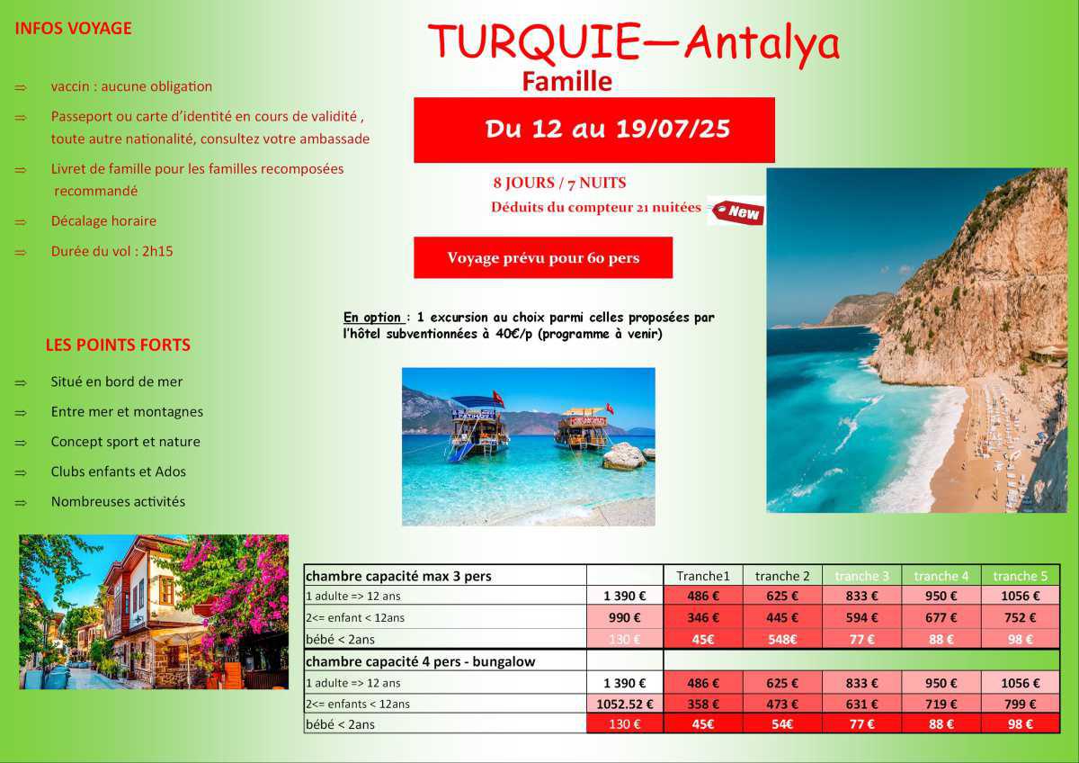 Voyage Famille en TURQUIE-Antalya du 12/07 au 19/07/25 (7 nuitées)