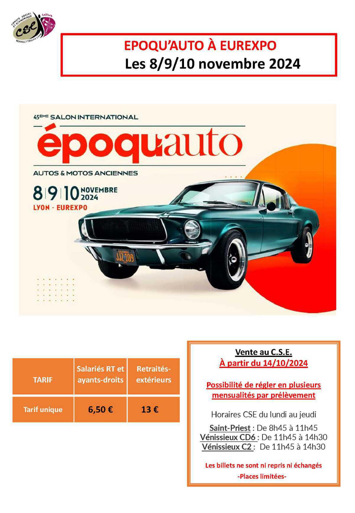 Places disponibles pour EPOQU’AUTO À EUREXPO les 8/9/10 novembre 2024