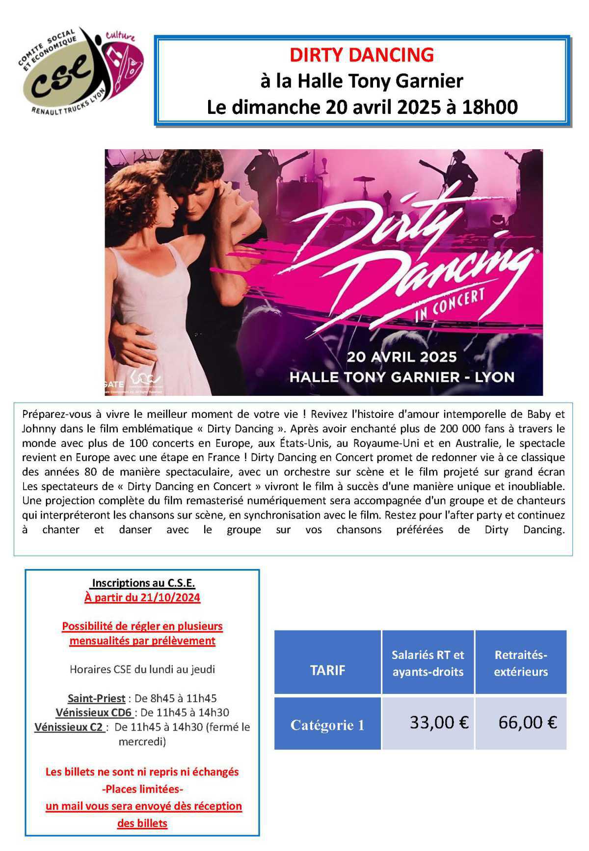 DIRTY DANCING à la Halle Tony Garnier le dimanche 20 avril 2025 à 18h00