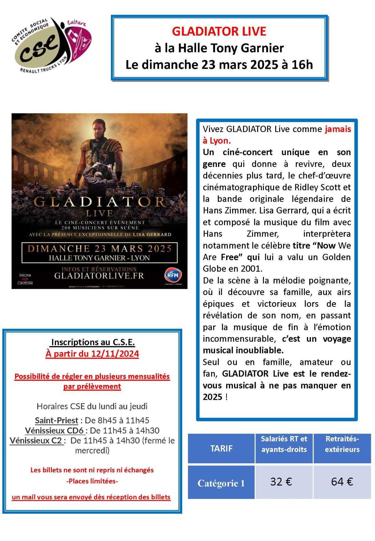 GLADIATOR LIVE à la Halle Tony Garnier Le dimanche 23 mars 2025 à 16h