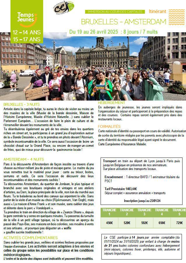 Bruxelles-Amsterdam 12-17ans du 19 au 26/04/25 - 8jours