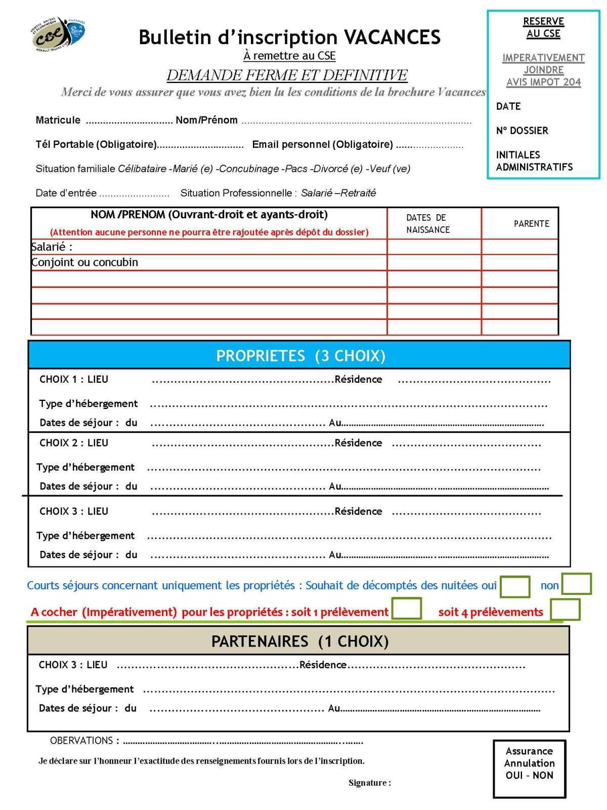 Bulletin d'inscription Vacances 2025