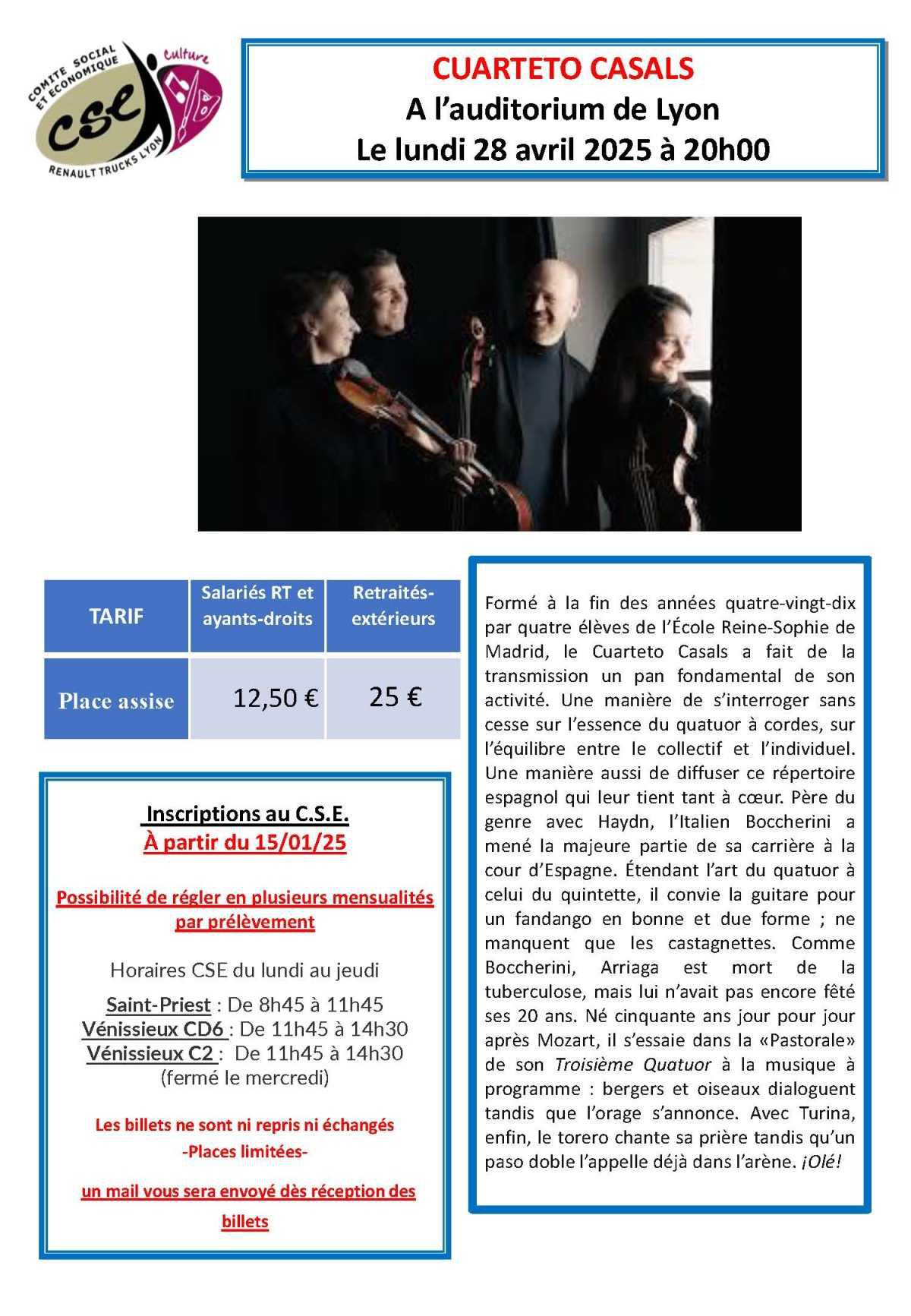 CUARTETO CASALS à l’auditorium de Lyon le lundi 28 avril 2025 à 20h00