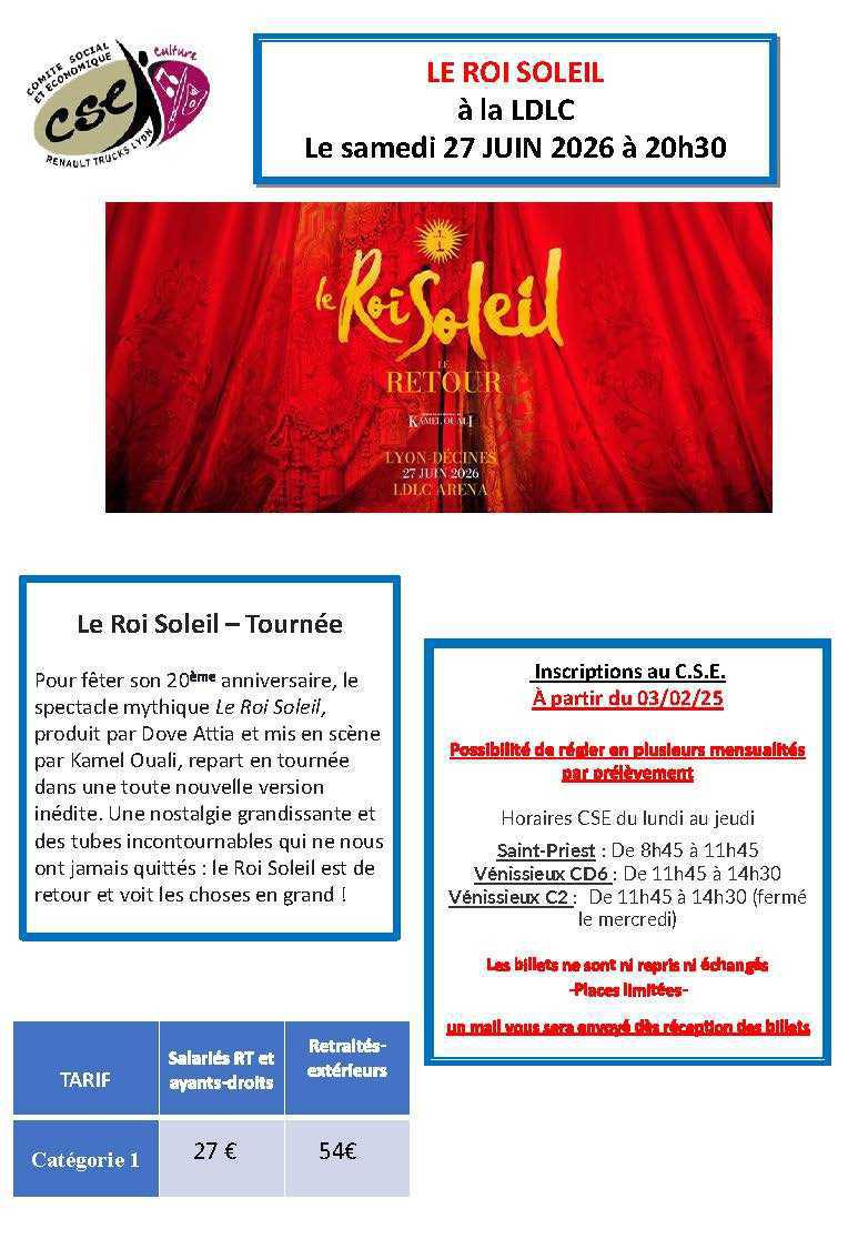 LE ROI SOLEIL à la LDLC Le samedi 27 JUIN 2026 à 20h30