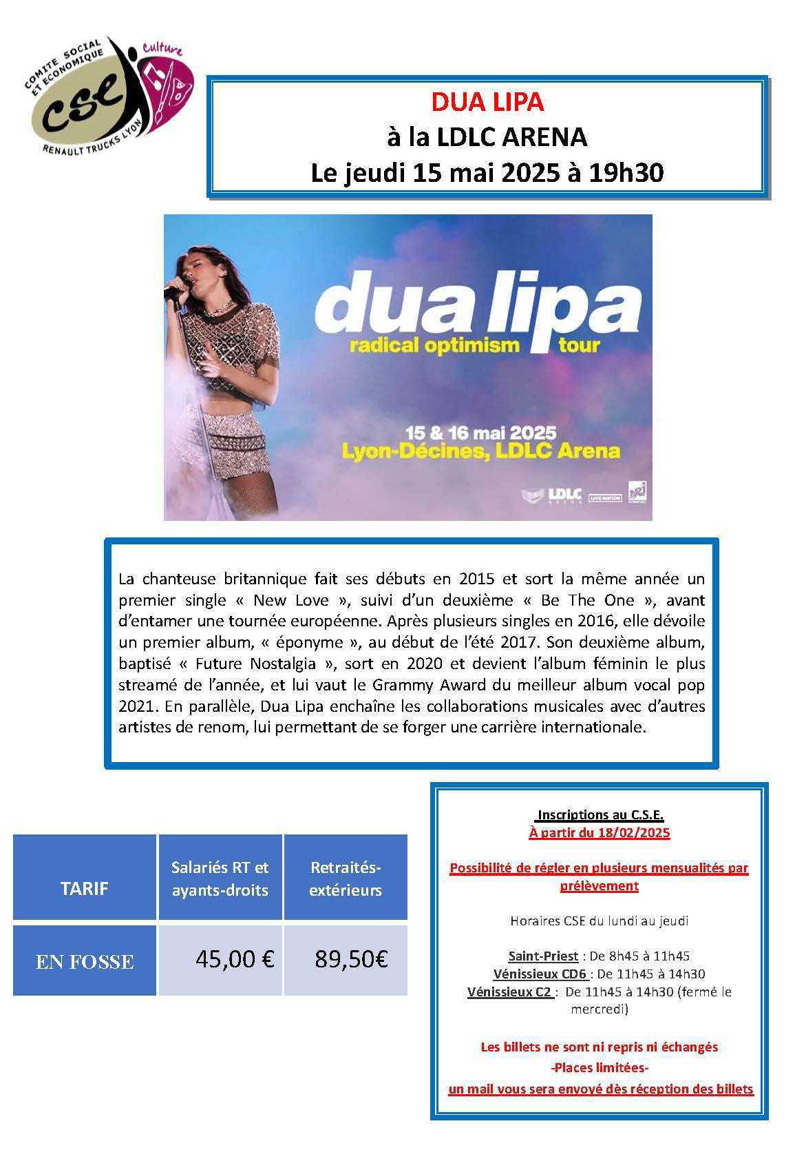 DUA LIPA à la LDLC ARENA Le jeudi 15 mai 2025 à 19h30 