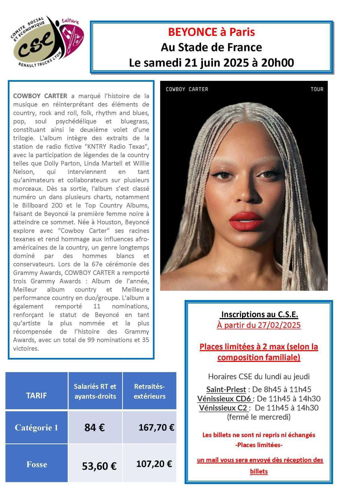 BEYONCE à Paris Au Stade de France Le samedi 21 juin 2025 à 20h00