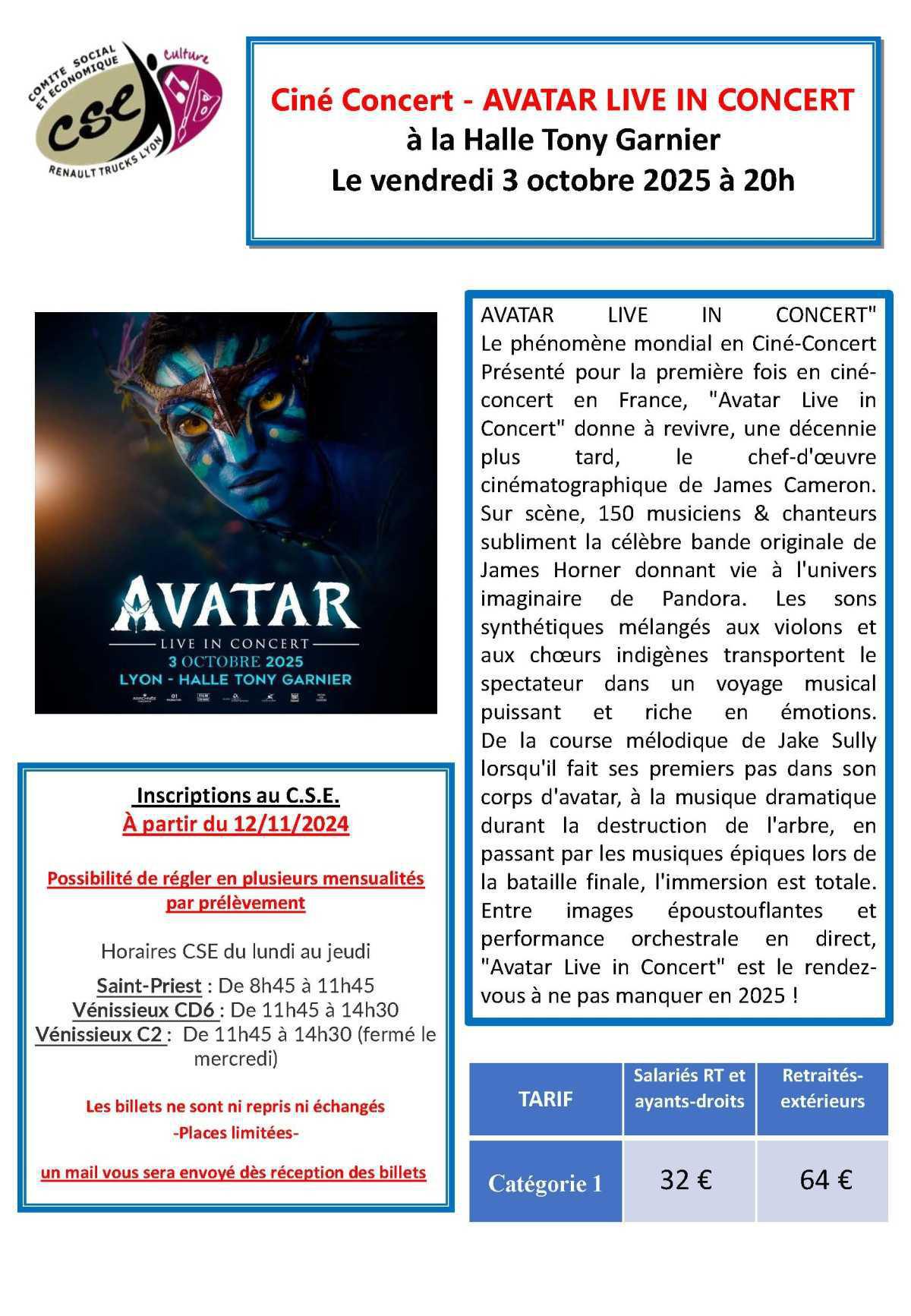 Ciné Concert - AVATAR LIVE IN CONCERT à la Halle Tony Garnier Le vendredi 3 octobre 2025 à 20h