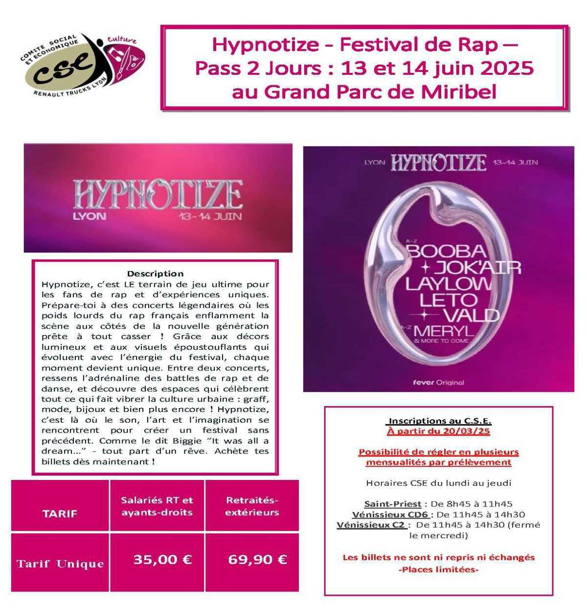 Hypnotize - Festival de Rap – Pass 2 Jours : 13 et 14 juin 2025 au Grand Parc de Miribel