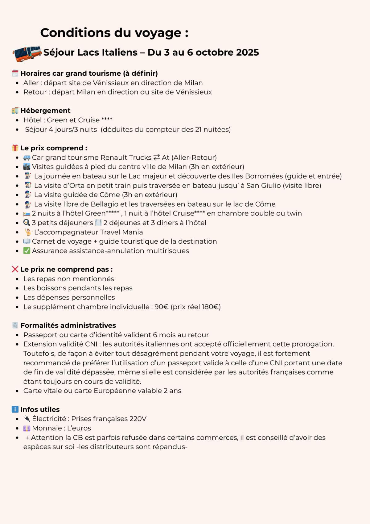La Commission Loisirs vous propose un séjour -Lacs Italiens-