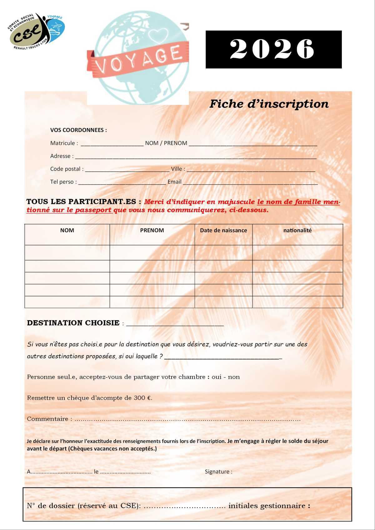 VOYAGES 2026 - BULLETIN D'INSCRIPTION