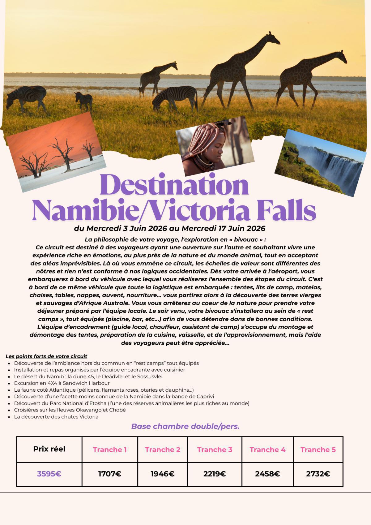 Circuit en Namibie/Victoria Falls du 3/06/2026 au 17/06/2026