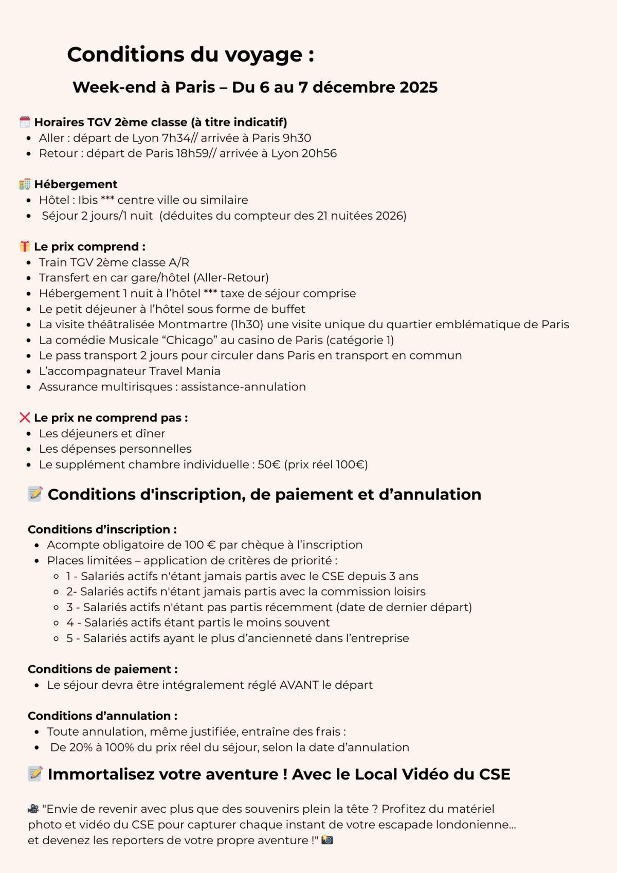 La commission loisirs vous propose un week-end à Paris du 6 au 7 décembre 2025