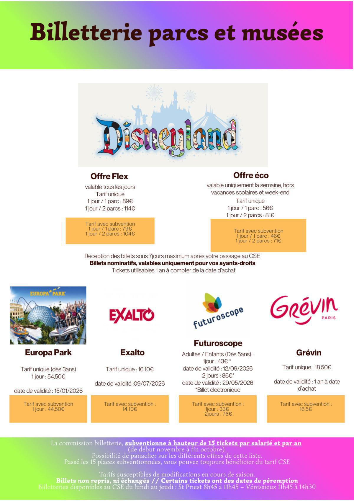 Récapitulatif Billetterie Parcs & Musées 2026