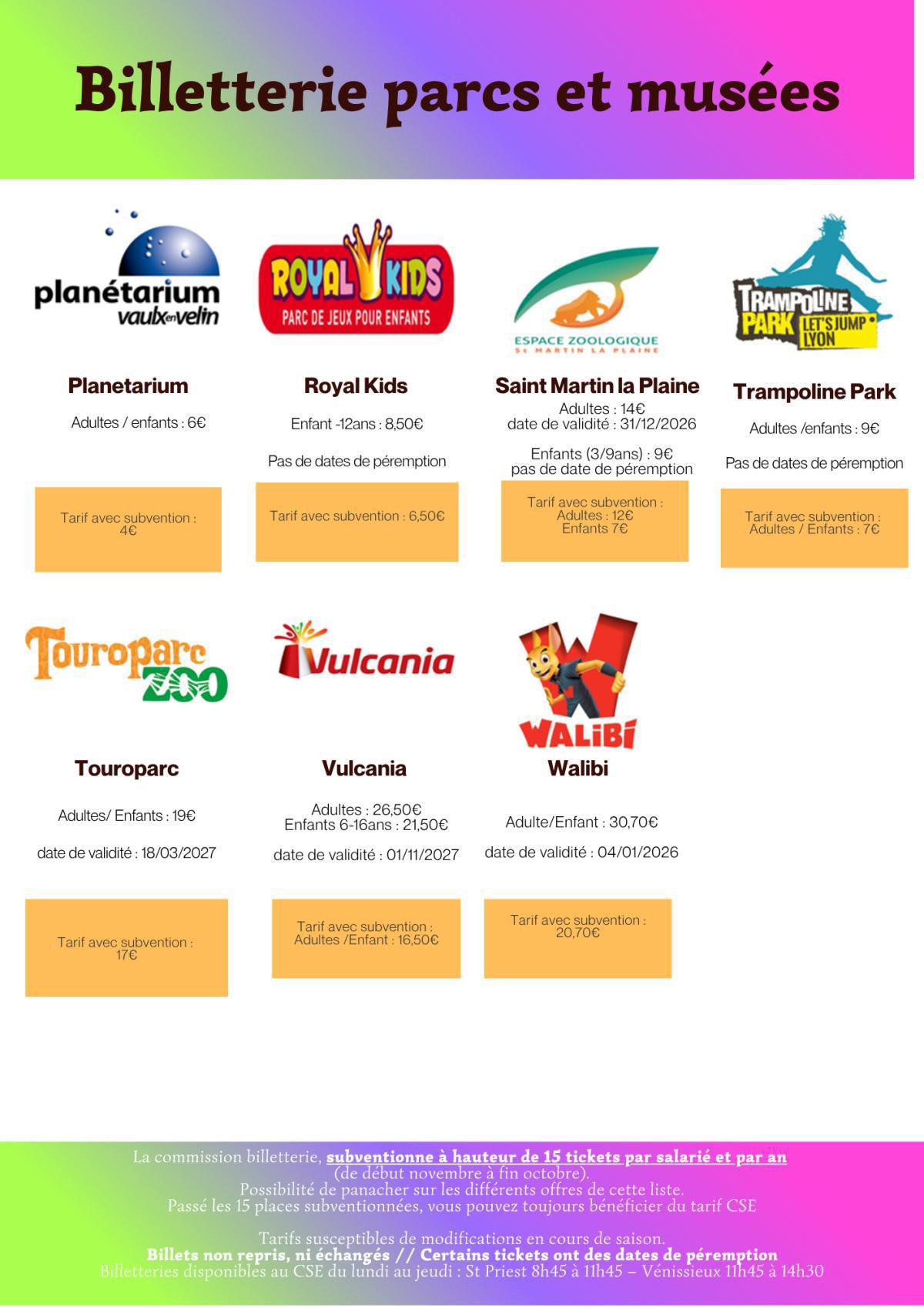 Récapitulatif Billetterie Parcs & Musées 2026