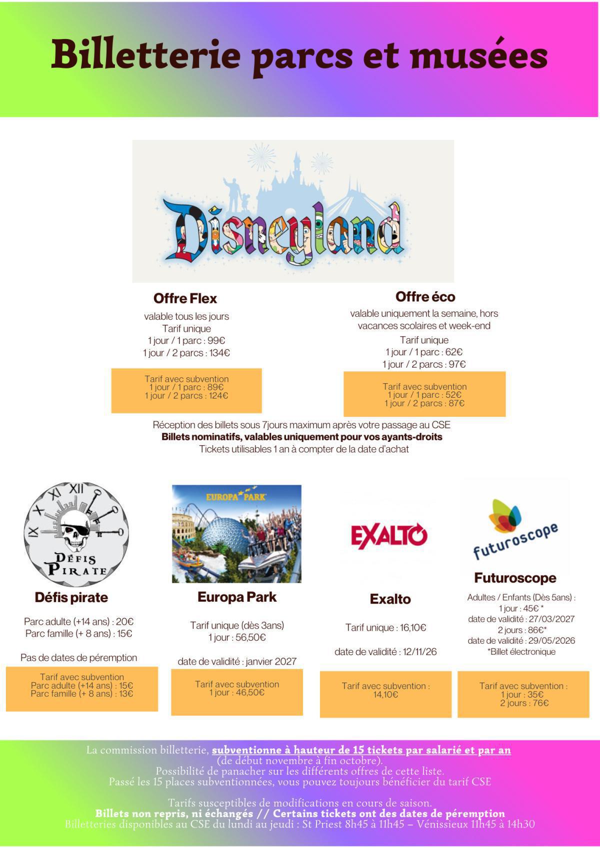 Récapitulatif Billetterie Parcs & Musées 2026