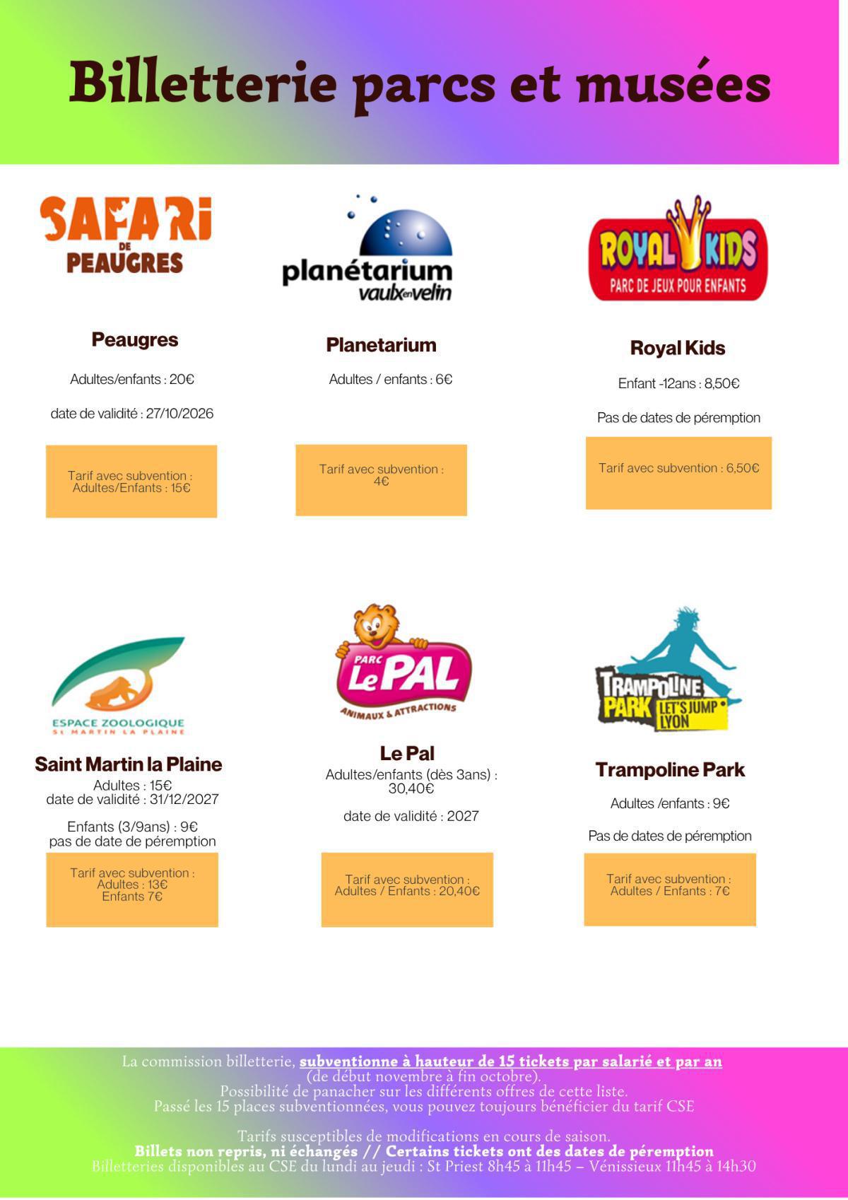 Récapitulatif Billetterie Parcs & Musées 2026