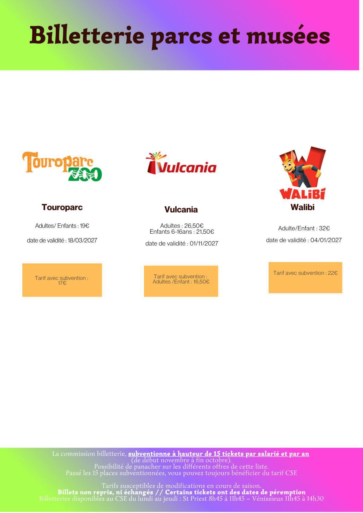 Récapitulatif Billetterie Parcs & Musées 2026