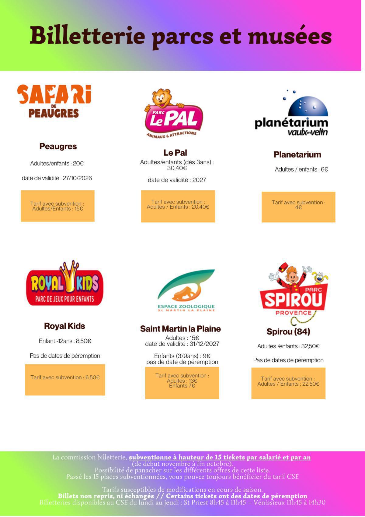 Récapitulatif Billetterie Parcs & Musées 2026