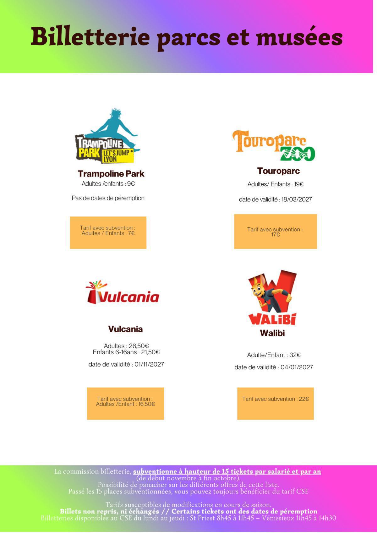 Récapitulatif Billetterie Parcs & Musées 2026