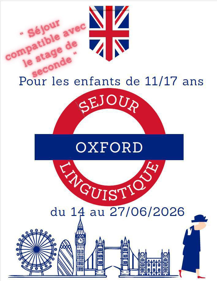 Séjour à OXFORD pour les 11/17 ans du 14 AU 27/06/26