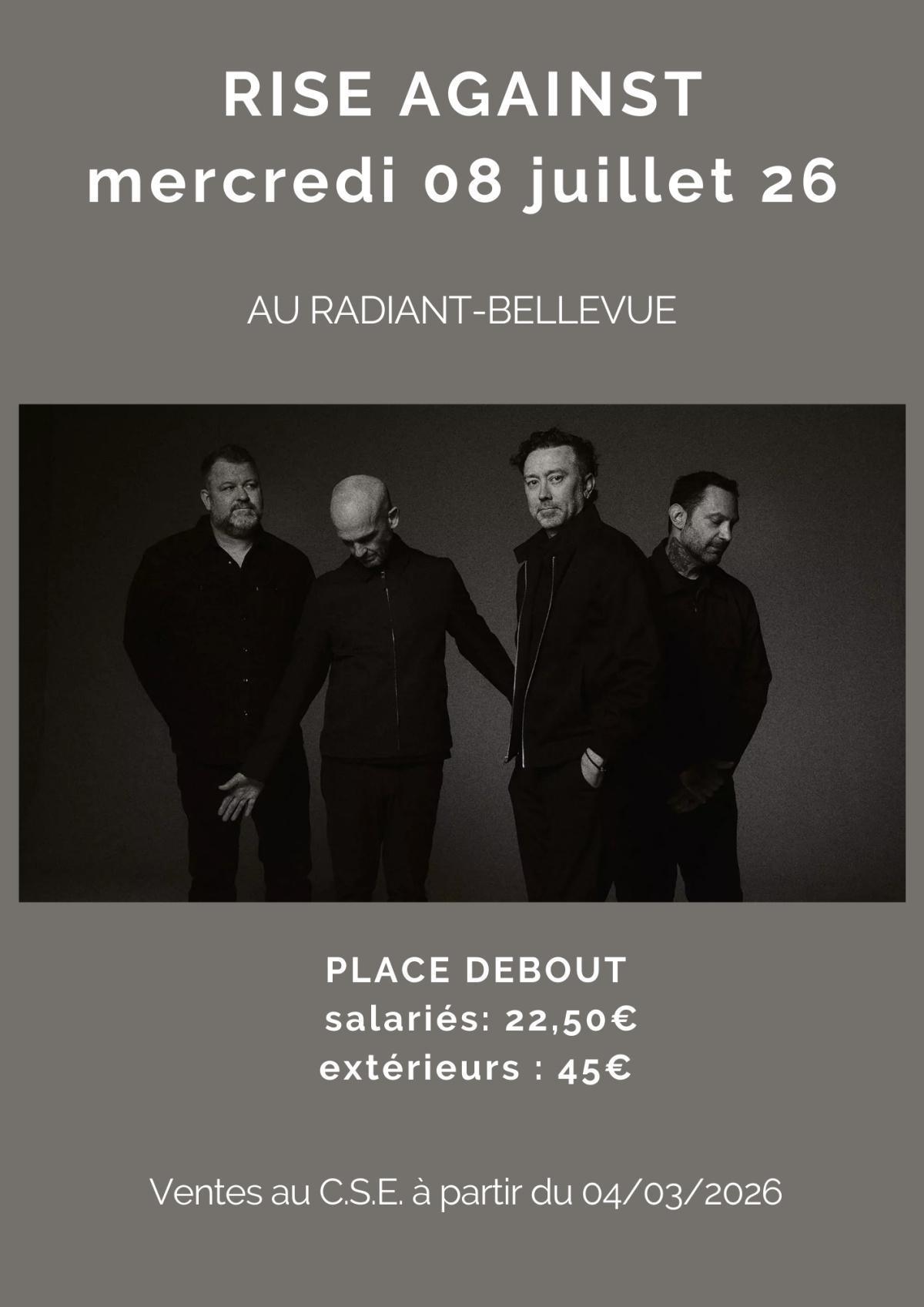 RISE AGAINST mercredi 08 juillet 2026 au Radiant RISE AGAINST mercredi 08 juillet 2026 au Radiant