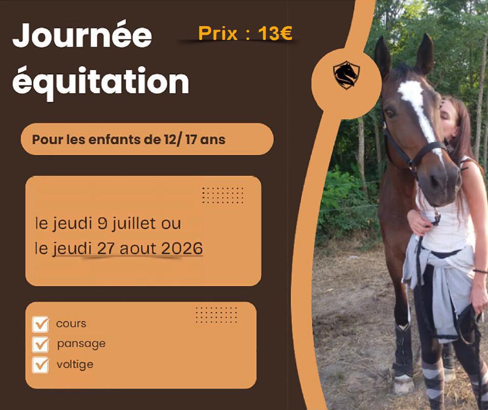 1 journée en centre équestre pour les 12/17 ans - 9/07 ou 27/08/26 1 journée en centre équestre pour les 12/17 ans - 9/07 ou 27/08/26