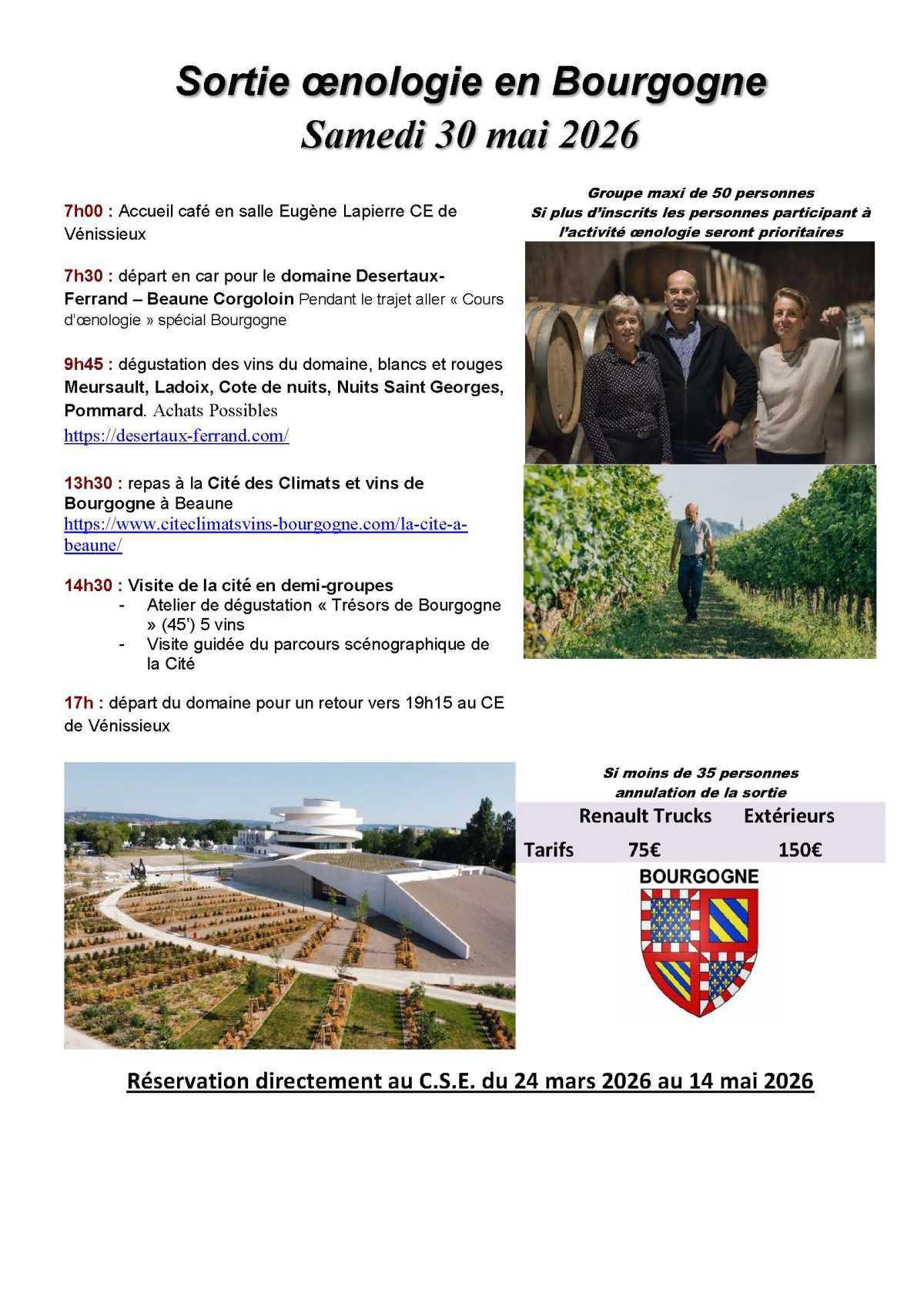 Sortie oenologie en Bourgogne le Samedi 30 mai 2026