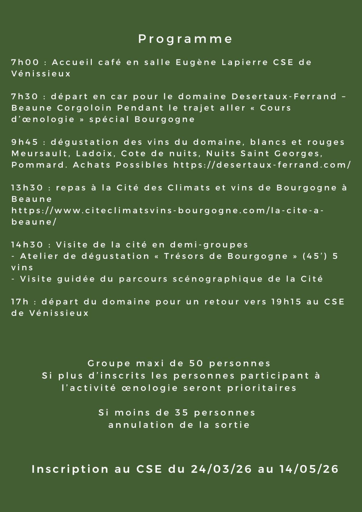 Sortie oenologie en Bourgogne le Samedi 30 mai 2026