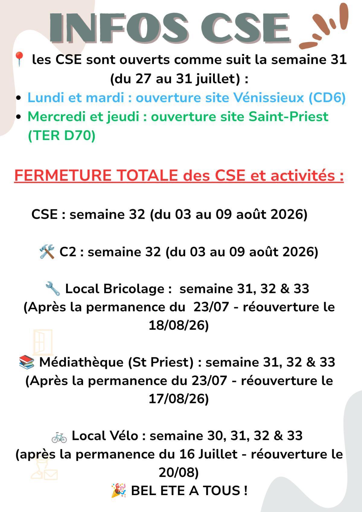 Fermeture estivale 2026