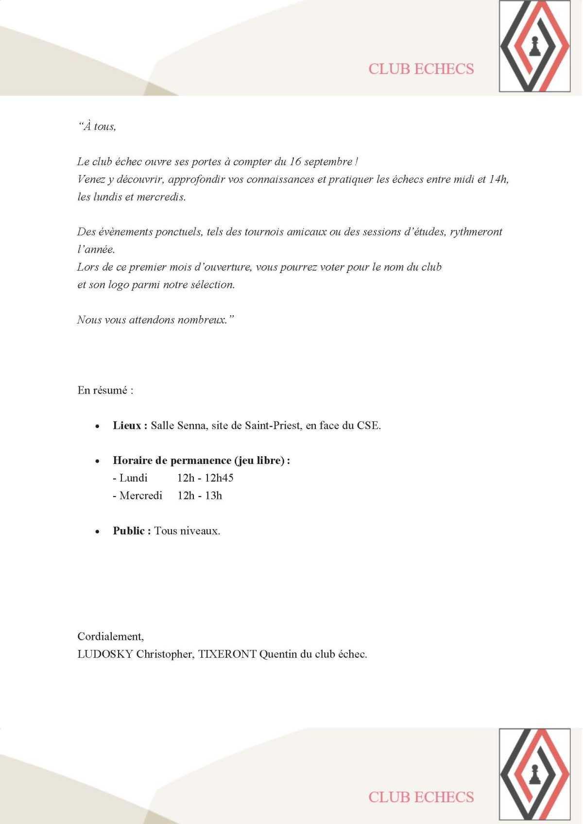 Le club échec ouvre ses portes à compter du 16 septembre !