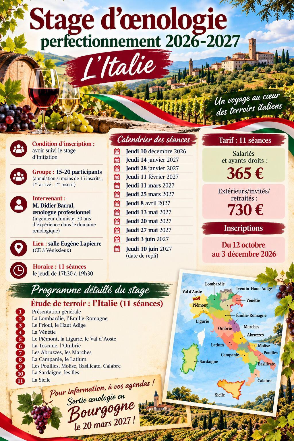 Stage d’œnologie perfectionnement 2026-2027 L’Italie 