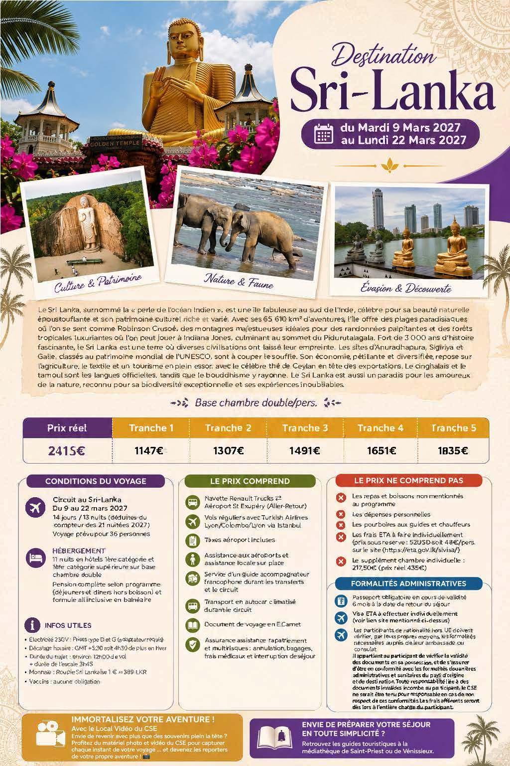 Voyage au Sri Lanka du 9/03 au 22/03/2027 : 1 place disponible