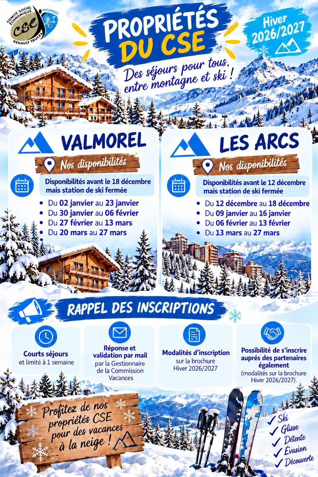 Dates disponibles Propriétés CSE - Hiver 2026/2027