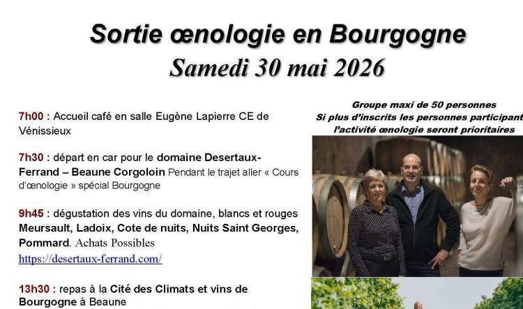 Sortie oenologie en Bourgogne le Samedi 30 mai 2026