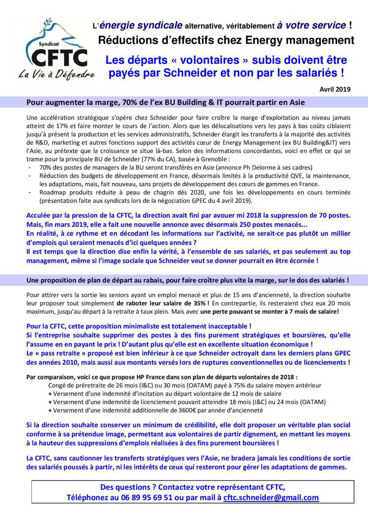 Réductions d’effectifs chez Energy Management. Les départs volontaires subis doivent être payés par Schneider et non par les salariés. avril 2019