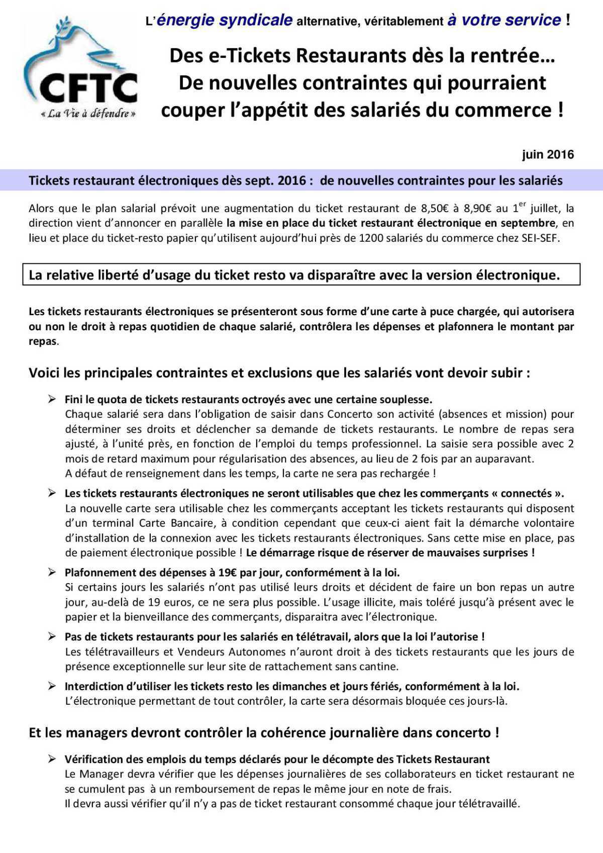 E-Tickets Restaurants de nouvelles contraintes qui pourraient couper l'appétit aux vendeurs. juin 2016