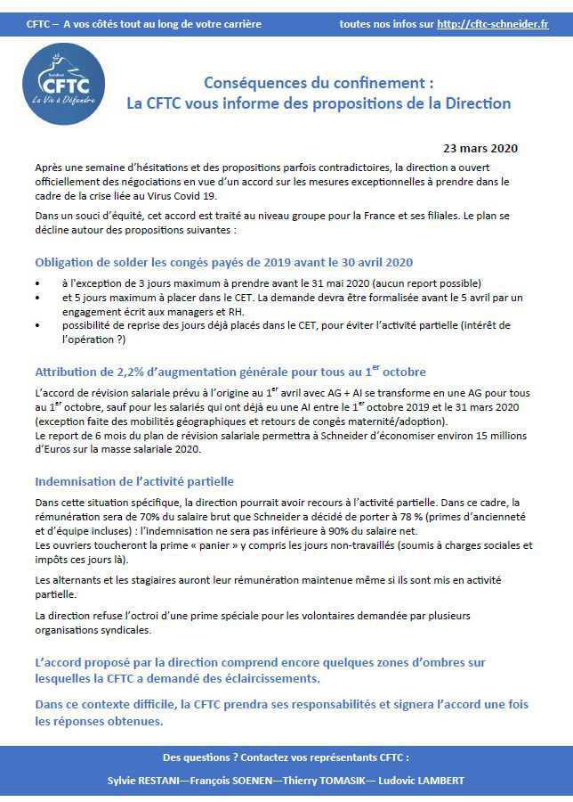 Conséquences du confinement : La CFTC vous informe des propositions de la Direction Conséquences du confinement : La CFTC vous informe des propositions de la Direction